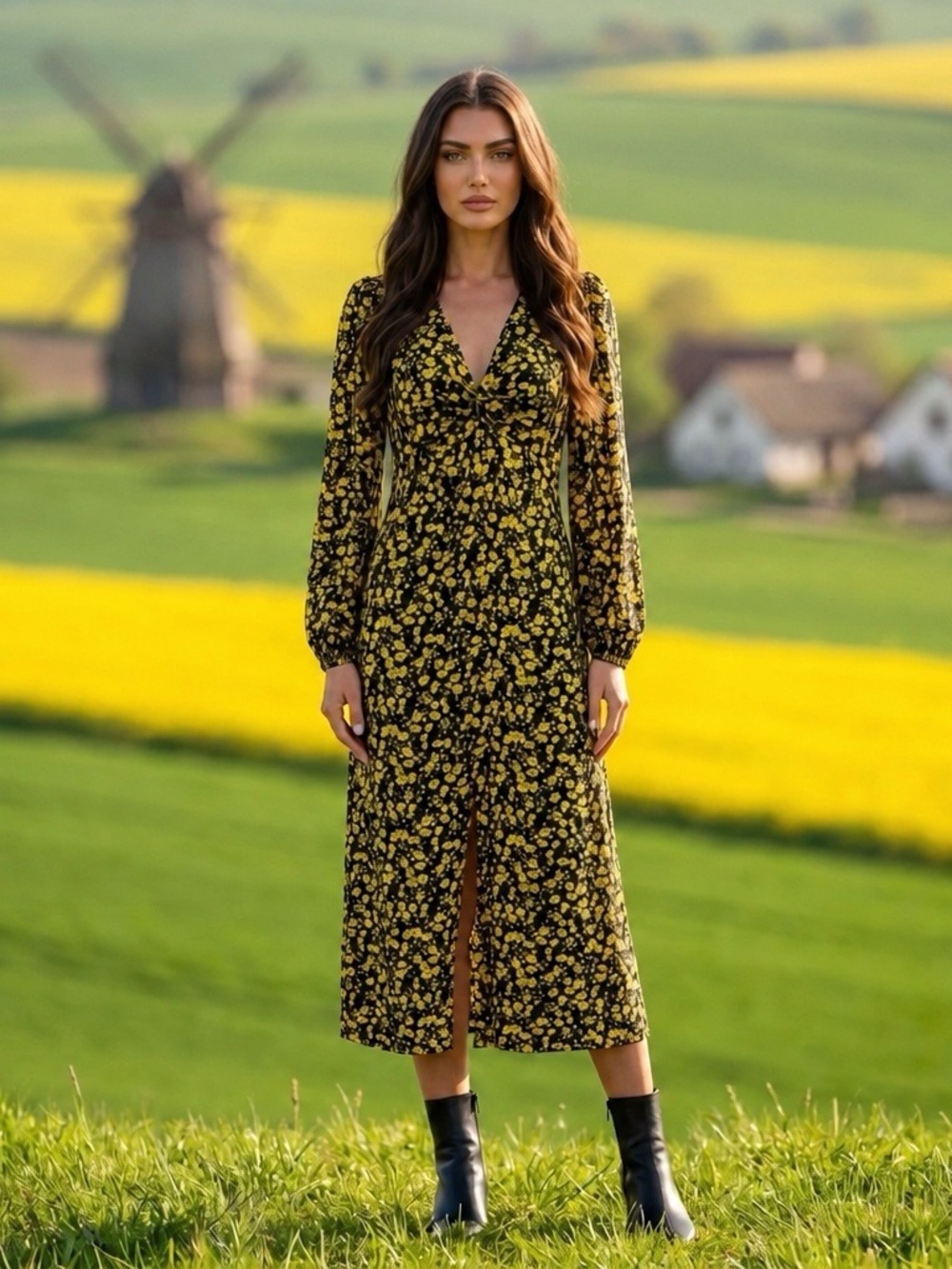 Topshop Black Yellow Floral Twist Front Midi Dress US 6 Long Sleeve